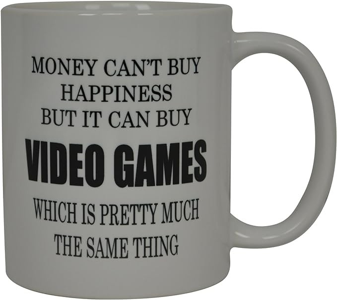 Rogue River Tactical Best Funny Coffee Mug Money Can't Buy Happiness But It Buys Video Games Gamer Video Games Novelty Cup Great Gift Idea For Men or Women