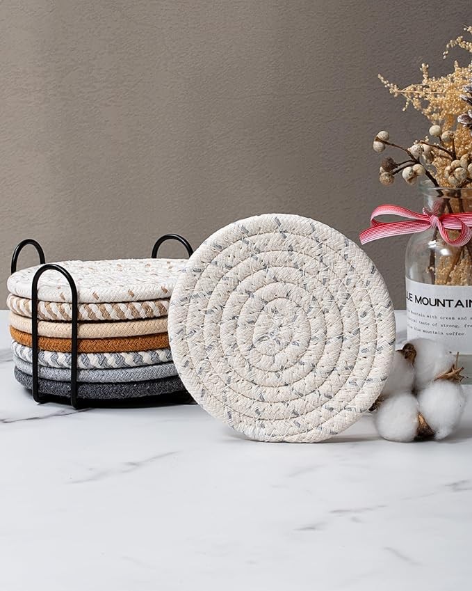 Effectyou 8 Pcs Drink Coasters with Holder, 8 Colors Absorbent Coasters for Drinks Minimalist Cup Coasters Cotton Coaster Set Woven Coasters for Coffee Table Home Decor Bar Housewarming Gift, 4.3 Inch