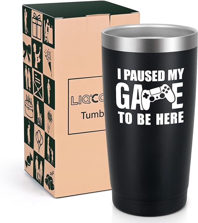 LiqCool Gamer Gifts for Men, I Paused My Game To Be Here Tumbler, Christmas Gifts for Gamer, Birthday Gaming Gifts for Men Boyfriend Teenage Boy, 20 Oz Insulated Gaming Mugs Tumbler Black
