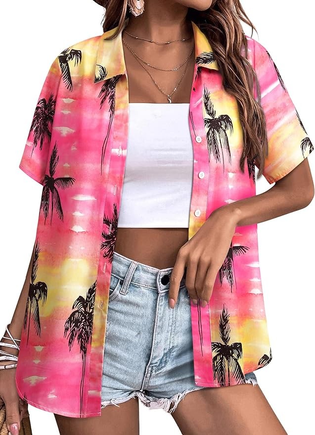 Womens Button Down Hawaiian Shirts Short Sleeve Floral Print Summer V Neck T-Shirt Casual Summer Beach Blouses Tops