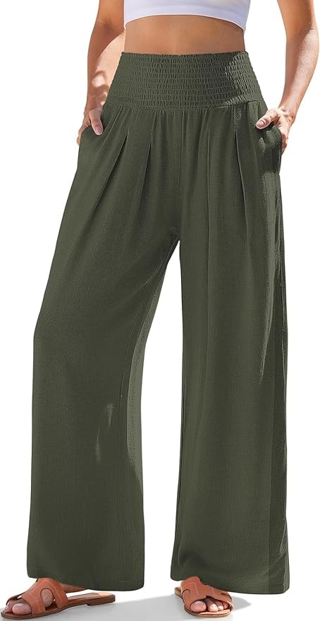 TARSE Womens Linen Palazzo Pants Boho High Waisted Wide Leg Casual Lounge Pant Trousers with Pockets- 19"/28" Inseam