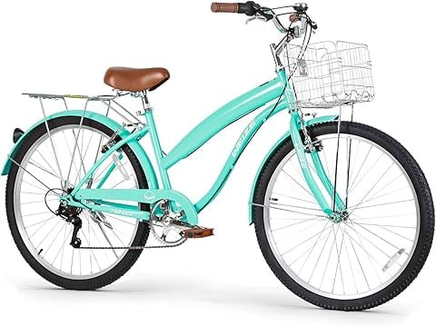 WEIZE Beach Cruiser Bike, 26 inch Commuter Bicycle for Adult Men and Women, 7-Speed/High-Carbon Steel/Front & Rear Fenders, Comfortable City Bikes with Rear Rack&Basket, Ergonomic Upright Design,Teal