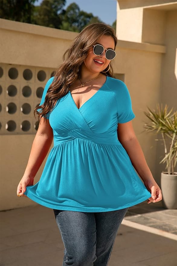 TIANZHU Women's Plus Size Dressy Tops Wrap Shirt Short Sleeve Tunic Top V Neck Low Cut Cute Blouse
