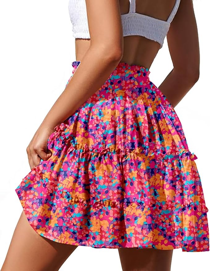 NASHALYLY Women's Summer Boho Floral Print Mini Skirt High Waist Drawstring TieFlame Rose Skirts