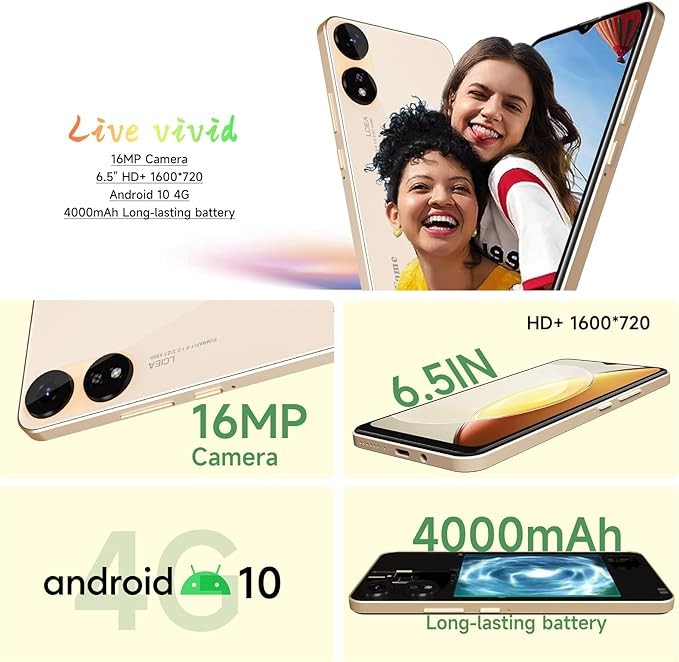 HeyxFome X1 2024 New 4G LTE GSM Unlocked Cell Phone 6.5” HD+ Screen Mobile Phones 4000mAh Android 10 Smart Phone 16MP Smartphone Dual SIM (for T-Mobile Metro Mint Tello USA Market) Face Unlock (Gold)
