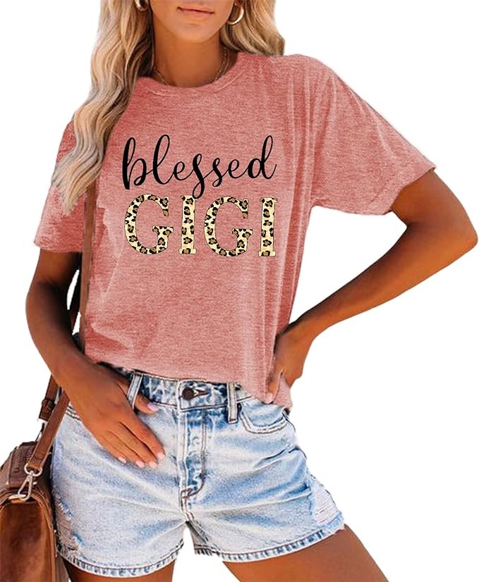Blessed Gigi Shirts for Grandma T-Shirt Women Leopard Print Graphic Tshirts Tops Mimi Gigi Tees Shirt