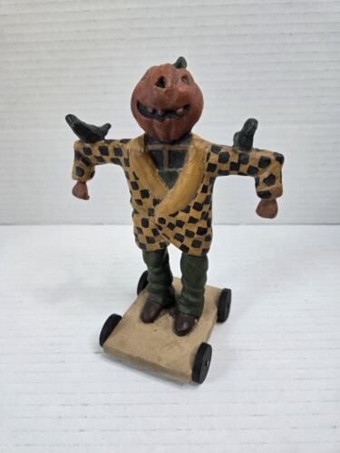 Bethany Lowe Pumpkin Head Jack O Lantern Scarecrow On Wheels Figurine Halloween