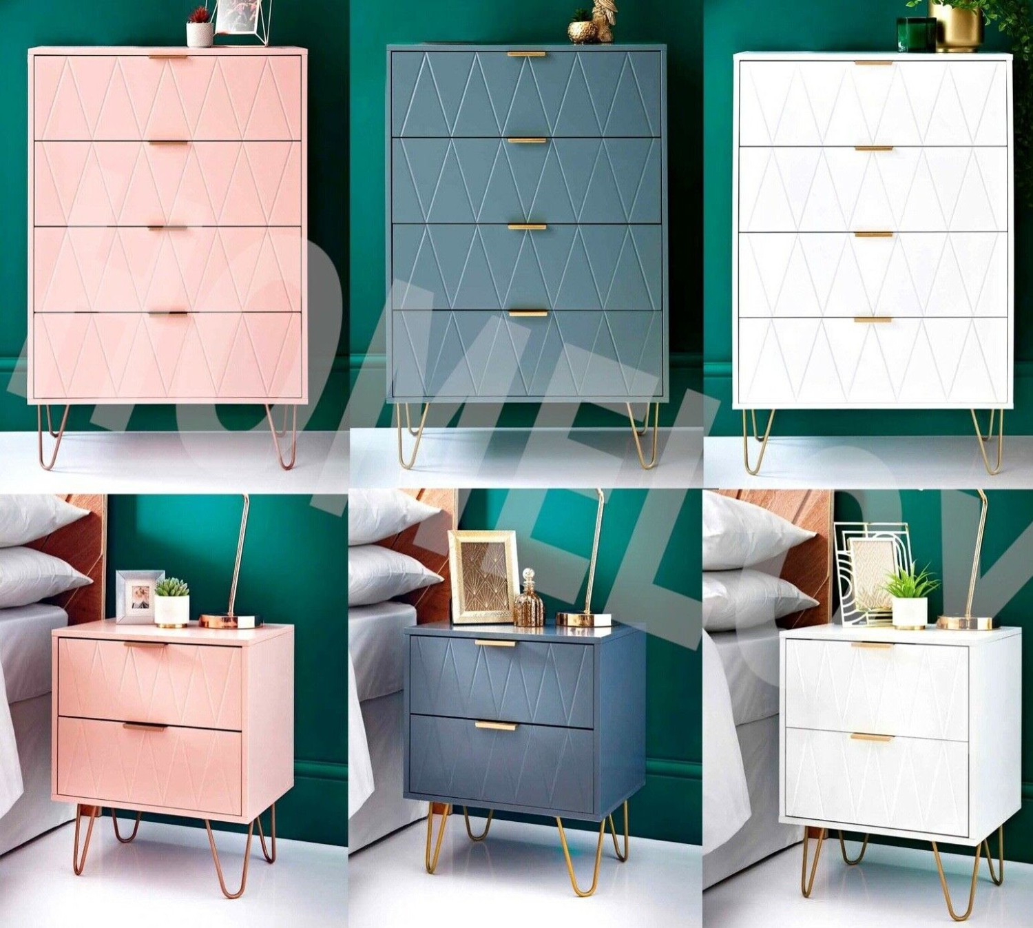 NEW 4 Drawer Chest & 2 Drawer Bedside Table With Gold Legs Bedroom Furniture