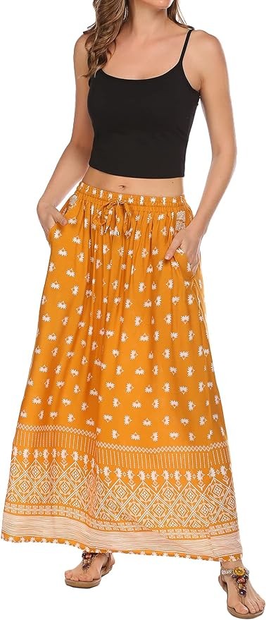 Women's Floral Embroidered Maxi Skirt-Over-Dyed Long Peasant Skirt, Ankle Length