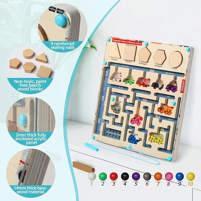 Magnetic Color and Number Maze Montessori Toys for 3 Year Old Wooden Montessori Magnetic Board Memory Game Fine Motor Skills Toys for Ages 5-7 Toddler Learning Educational Toys Gifts for Boys Girls