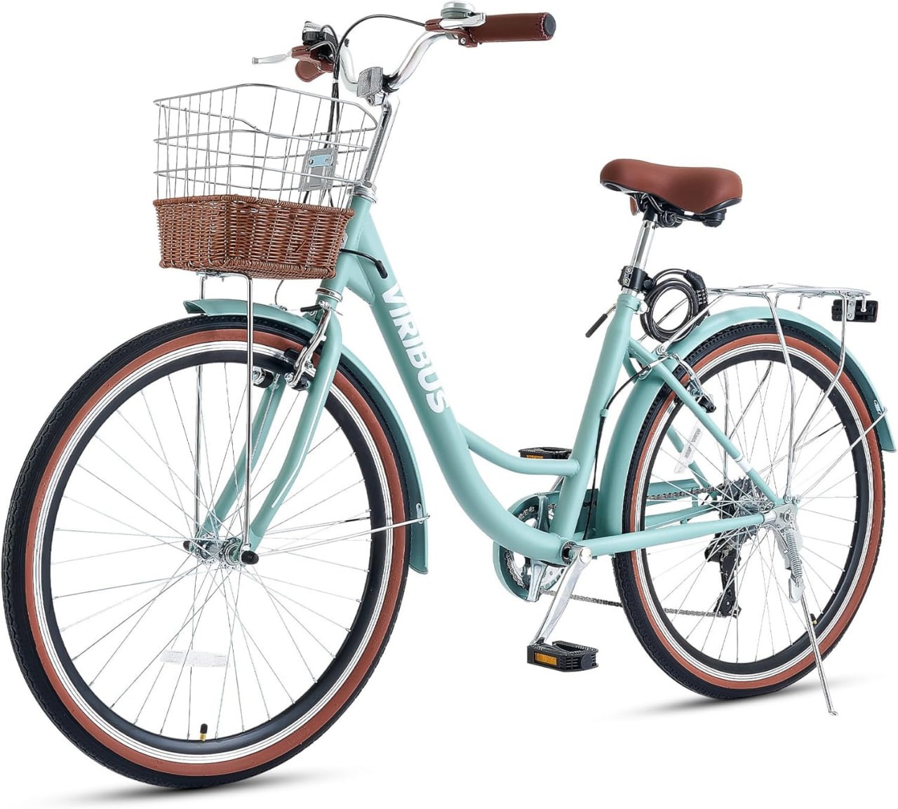 Viribus Womens Bike, 7 Speed Bike for Adults Women 24 26 inch with Ratten Basket & Rack, Beach Cruiser Bike for Women, Womens Bicycle for Commuting, Step Through City Bikes for Women Adults Ladies