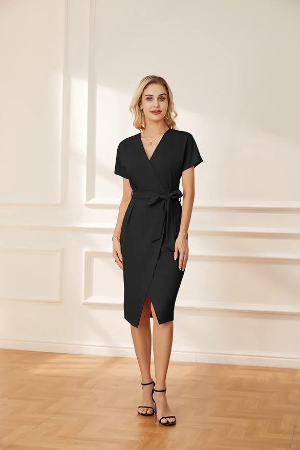 GRACE KARIN Women's Short Sleeve V Neck Business Dress Tie Waist Faux Wrap Slit Cocktail Party Dress Bodycon Midi Dress