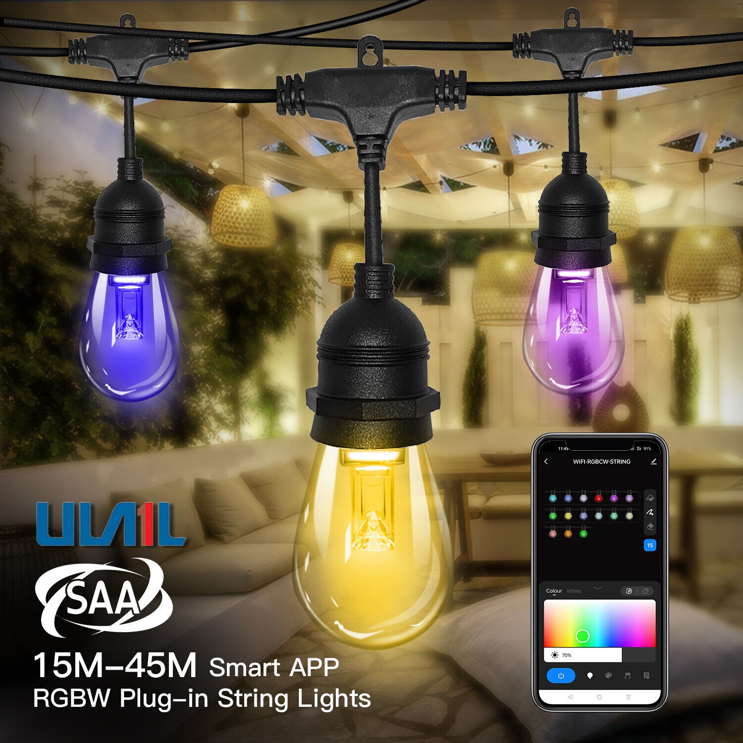 15M-45M Smart LED Festoon String Lights Christmas Wedding Outdoor Dimmable APP