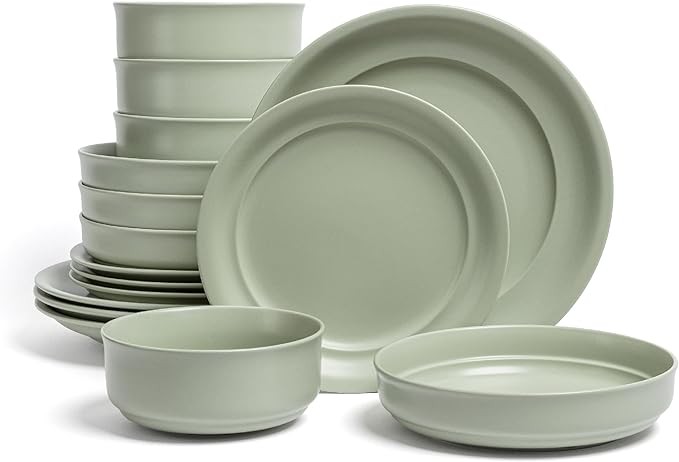 over&back Rim Dinnerware Set - Stoneware Dishes - Comes with 4 Dinner Plates, Salad Plates, Cereal Bowls, and Dinner Bowls - 16-Piece All-Occasion Place Settings - Serves Four - Semi-Matte Sage