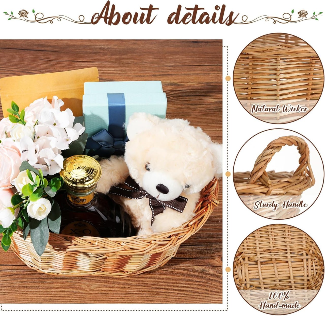 6 Pack Wicker Picnic Basket with Handles for Gifts 12.99 x 5.12 Inch Multipurpose Wicker Basket Hand Woven Harvest Basket Willow Bread Basket Empty Gift Baskets for Picnic Flower Fruit Storage