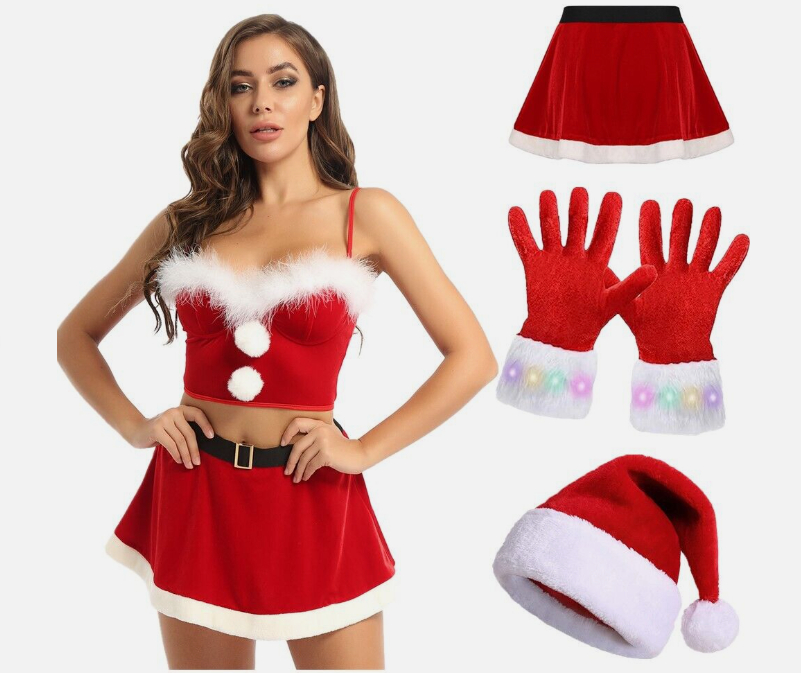Woman's Crop Top with Skirts Christmas Costume Santa Hats and Gloves Fancy Dress