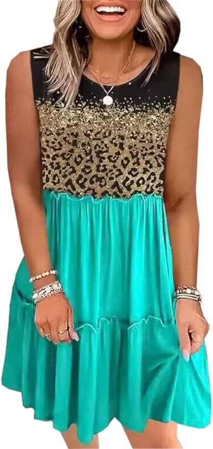 AIMITAG Leopard Color Block Ruffled Mini Dress Womens Casual Sleeveless Loose Flowy Swing Shift Dress Summer Boho Tank Dress