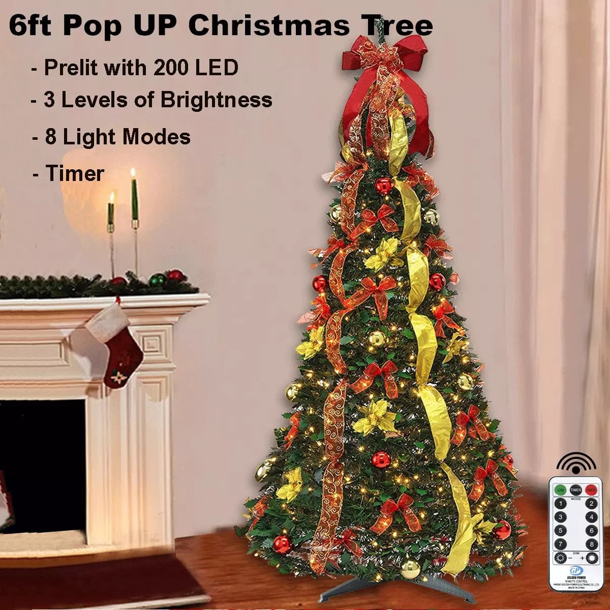 6ft Pop Up Christmas Tree Prelit with Lights Collapsible Pull Up Decor Tree Gift