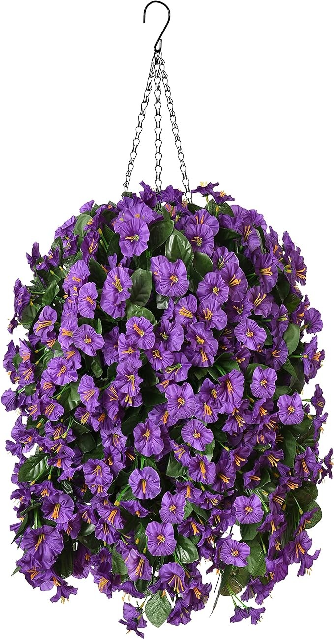 Artificial Faux Hanging Flowers Plants Basket for Spring Outdoor Outside Porch Decoration, Fake Silk Purple Morning Glory Long Vines Realistic UV Resistant for Home Balcony Garden Yard Patio