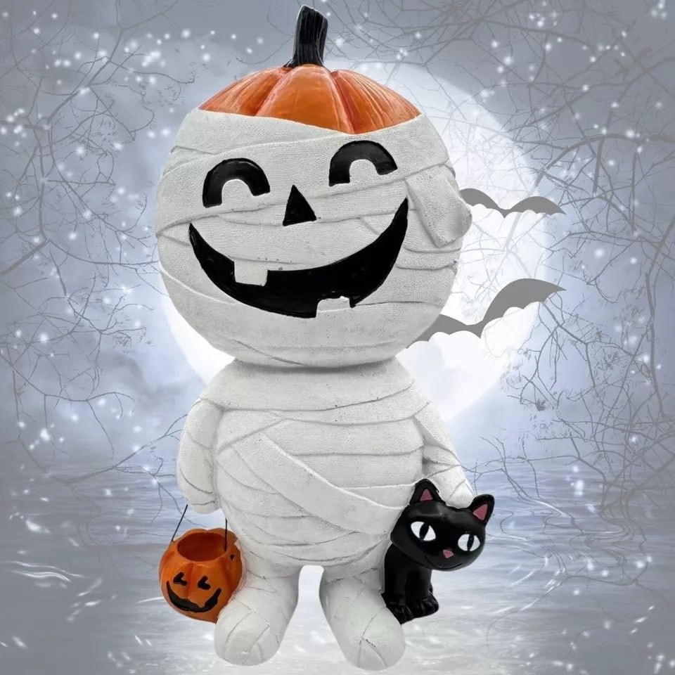 Halloween 2024 Mummy Black Cat Trick or Treating Pumpkin Bucket Resin Figurine