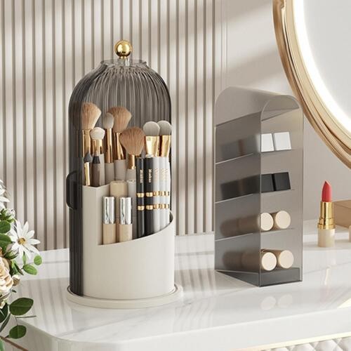 360° Rotating Makeup Brush Storage Box Dustproof Cover Cosmetic Organizer