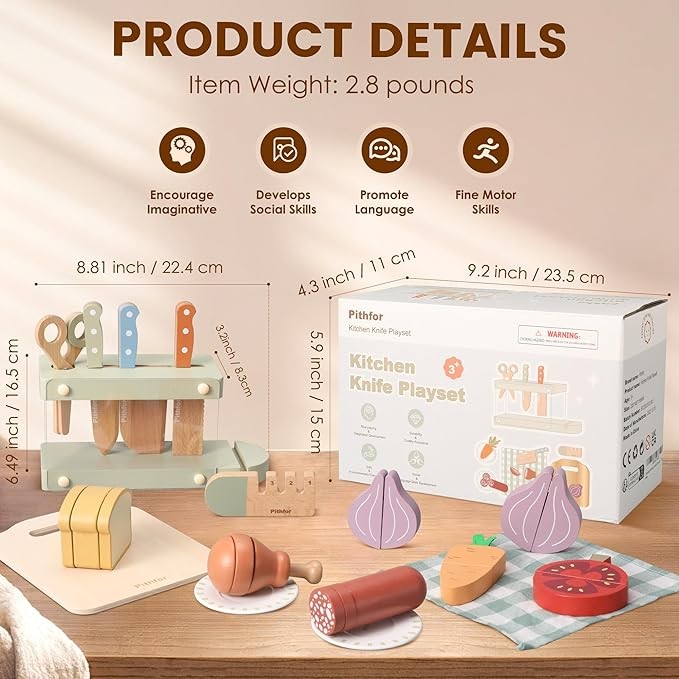 Pithfor Play Knife Set, Play Kitchen Accessories, Wooden Pretend Play Food Set Toys for Kids Toddlers, Gifts for 2 3 4 Years Old Girls Boys