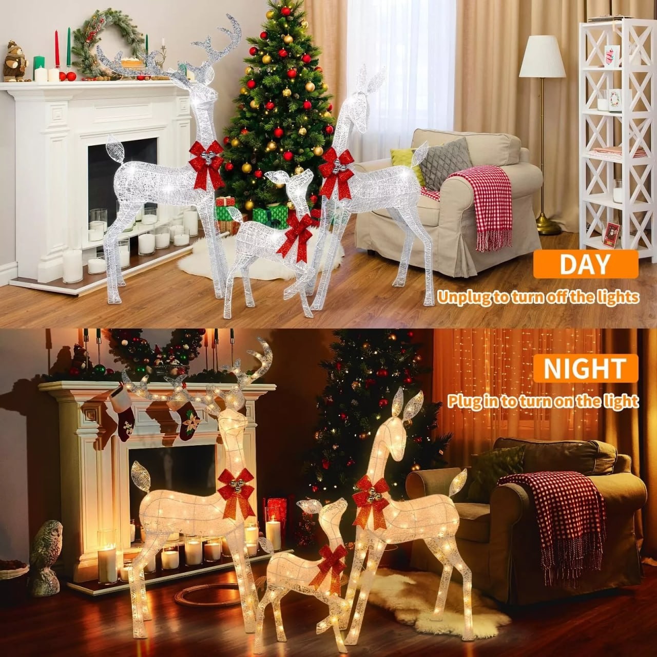 Super Large 3 Pieces Lighted Reindeer Christmas Decoration Family Set, Christ...