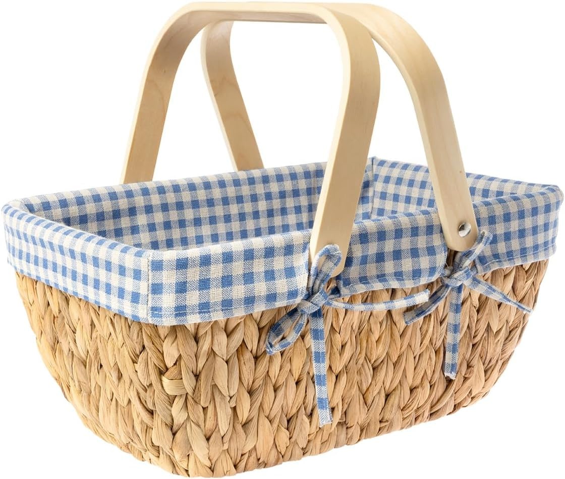 StorageWorks Wicker Picnic Basket for Couple, Picnic Basket with Wooden Handle and Washable Liner, Handwoven Natural Water Hyacinth Picnic Hamper for Camping, Outdoor, Christmas, Thanks Giving