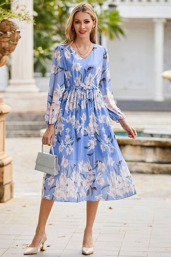 GRACE KARIN Womens 2023 Boho Floral Maxi Dress V Neck Long Sleeve Casual Ruffle Smocked A-line Pleated Flowy Beach Dress