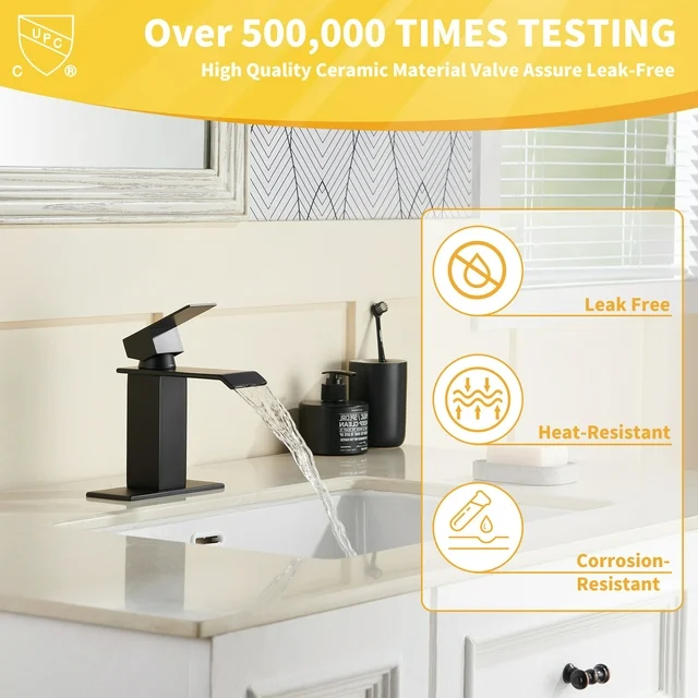 Mondawe Waterfall Spout Bathroom Sink Faucet, Single Handle 1/3 Hole Deck Mount Basin Hot & Cold Water Tap for Bathroom Lavatory