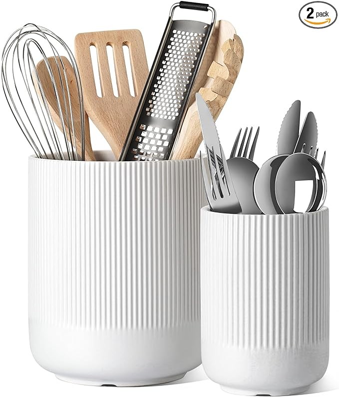 LE TAUCI Utensil Holder, 7.3"+5.4" Ceramic Kitchen Utensil Holder for Countertop, Large Cooking Utensil Crocks for Kitchen Counter, Morden Utensil Organizer for Spatula, Kitchen Decor, Set of 2, White