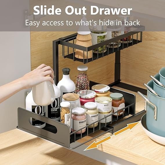 Ceetug Under Sink Organizers and Storage 2 Tier Slide Out Kitchen Cabinet Organizer Sturdy Metal Bathroom Storage, Black