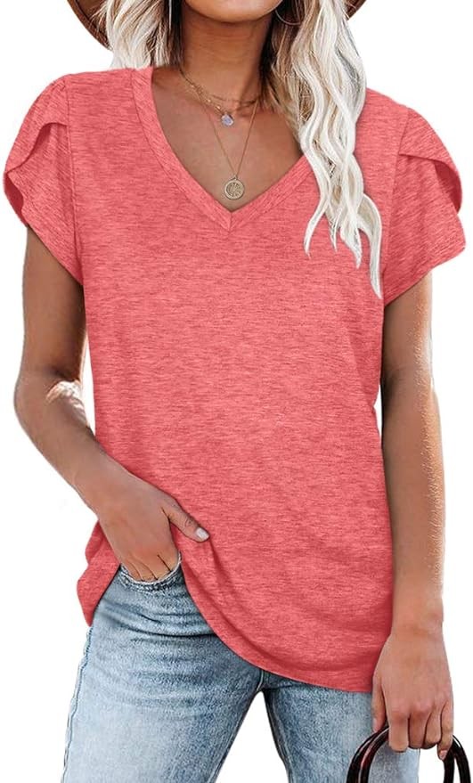 WIHOLL Womens Tops V Neck Summer Petal Sleeve Casual Tshirts