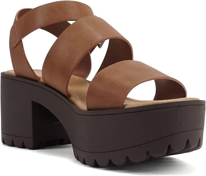 Soda ACCOUNT ~ Women Open Toe Two Bands Lug sole Fashion Block Heel Sandals with Adjustable Ankle Strap