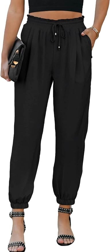 EVALESS Women's Casual Loose Drawstring Elastic High Waisted Harem Pants Comfy Trousers with Pockets