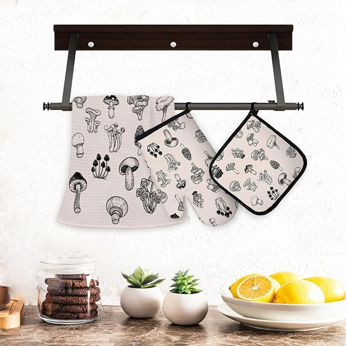 OHSUL Mushroom Kitchen Towels and Oven Mitt Pot Holder Set, Beige Mushroom Kitchen Decor and Accessories, Mushroom Gifts for Women Heat Resistant Oven Gloves Hot Pads Hand Towels for Kitchen