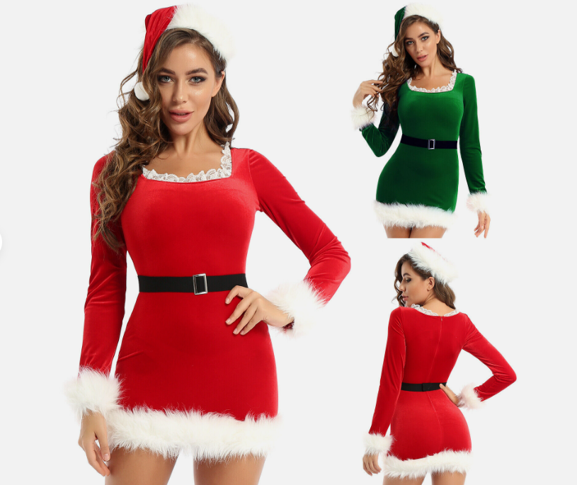 Women Christmas Fancy Dress Mrs Santa Claus Costume Xmas Long Sleeves Dress Hat