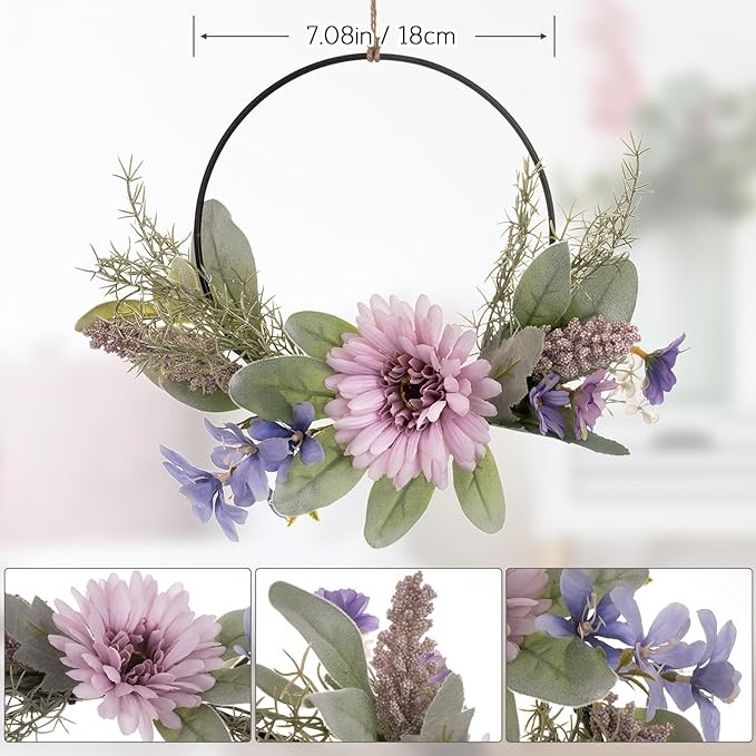 Weldomcor Artificial Floral Wreath for Front Door Floral Hoop Wreath Decor with Purple Flowers Green Leaves Garland Spring Wall Window Home Hanging Decorations Visit the Weldomcor Store